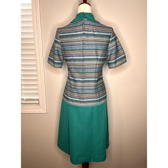 1970s Teal Brown Tweed Stripes Western Retro Disco Dagger Collar Hostess Dress M - Picture 6 of 6